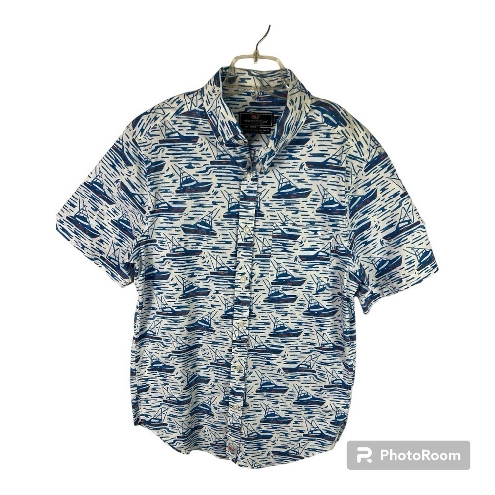Vineyard Vines Boat Print Short Sleeve Button Cotton/Spandex Murray Shirt Sz S